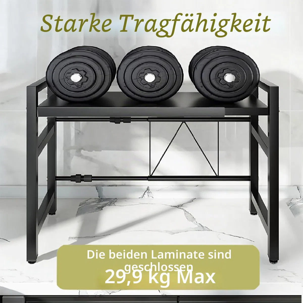 Mikrowellen-Regal erweiterbar 2-stöckig, Küchenaufbewahrungsregal mit 6 Hockern, Topf Pfanne Grill Ablage, schwarz