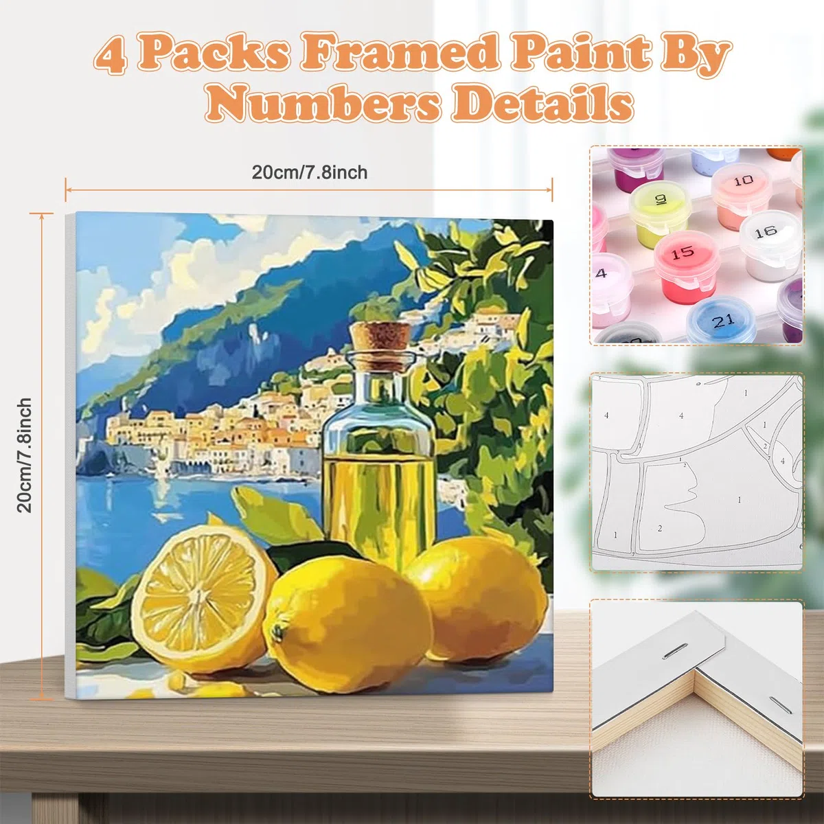 NAIMOER 4 Stück Lemon Malen Nach Zahlen mit Rahmen Erwachsene, Landschaft Malen Nach Zahlen auf Leinwand für Kinder, Digitale Gemälde für Home Decor Geschenke 20x20cm
