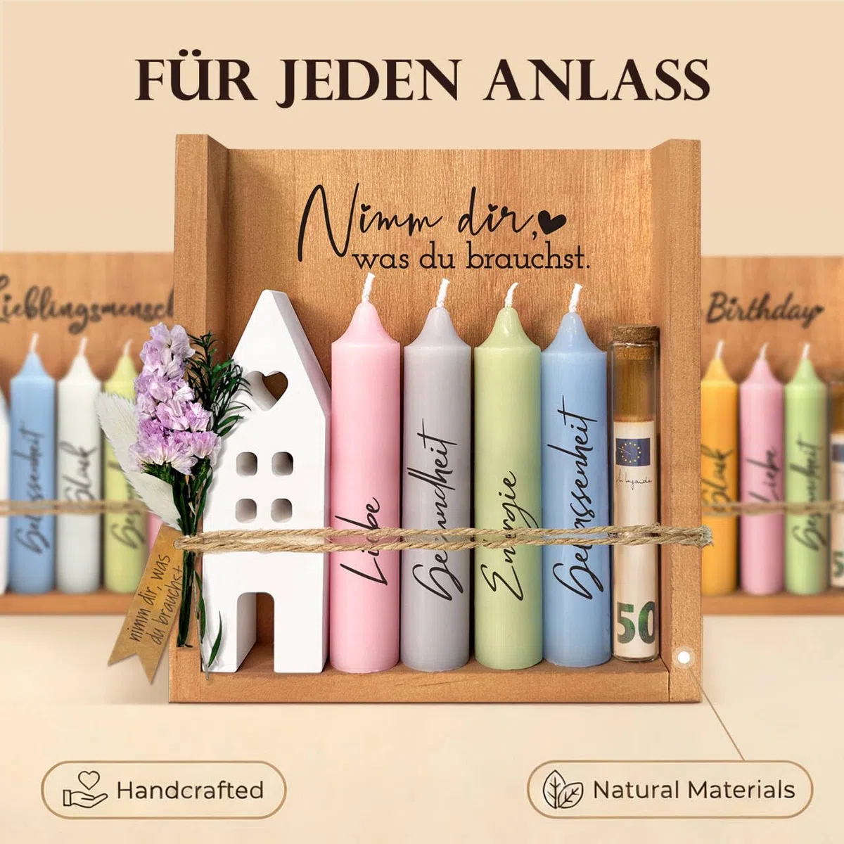Nimm dir was du brauchst Kerzen Geschenkset für Frauen Freundin Geschenke mit Kerzenständer, Kerze mit Spruch Geschenk, Kerzenhalter Holzkiste, Geldgeschenke mit Kerzen Deko