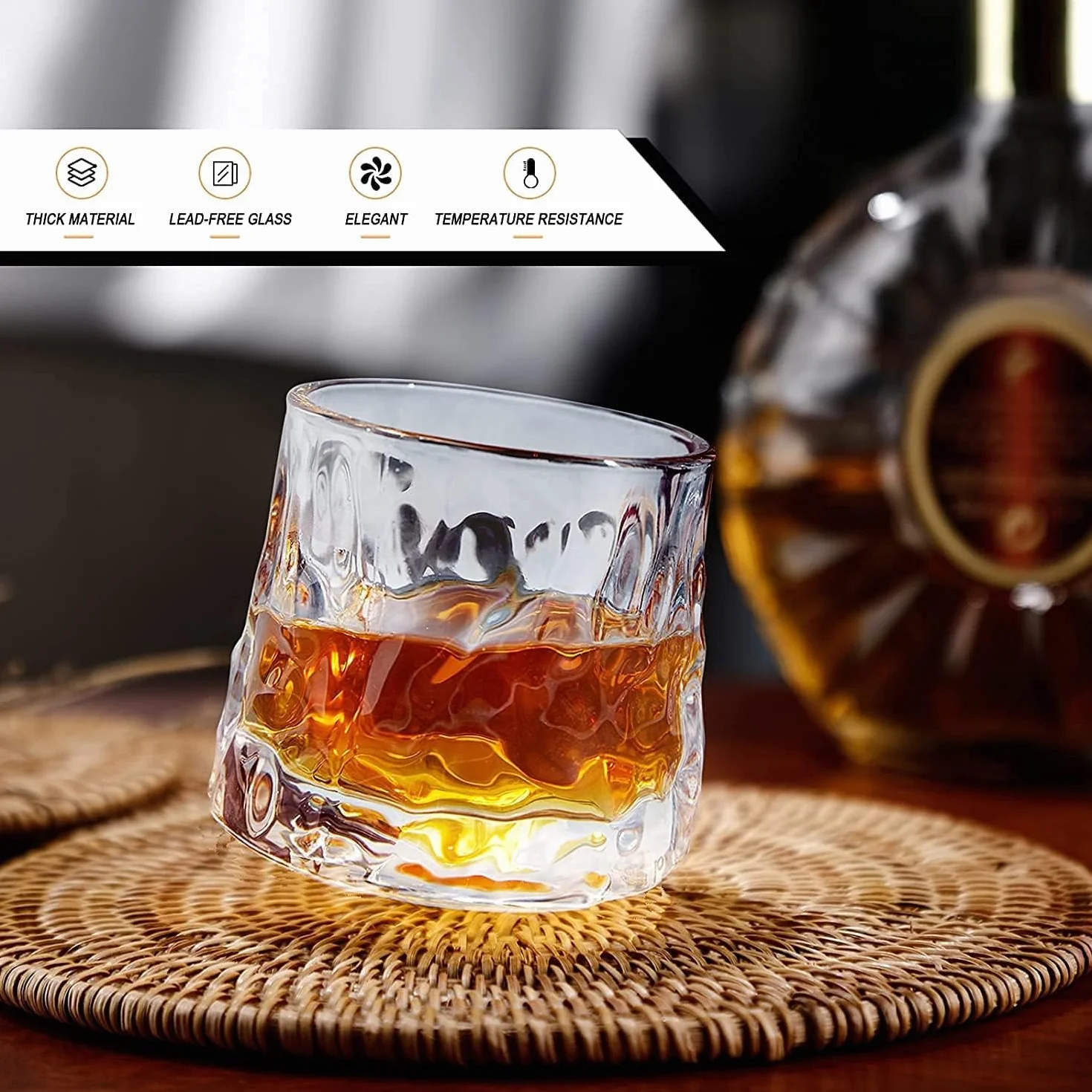 Whiskeygläser Drehbar zur Entspannung - Altmodisches Set mit 2 Bar-Stil-Glaswaren für Bourbon Scotch Rum (2er-Pack Hammer-Textur, 180ml (6oz))