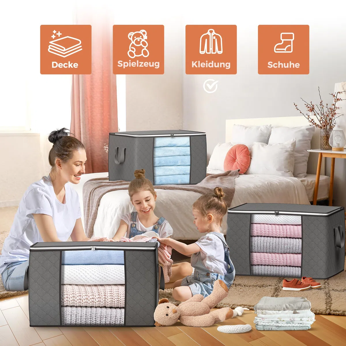 Budding Joy 6 Stück 90L Aufbewahrungstasche, Aufbewahrungsbox mit Deckel Große, Kleider Aufbewahrung Umzugskartons, Faltbare Unterbett Kleiderschrank für Kleidung Bettdecken und Bettwäsche, Grau