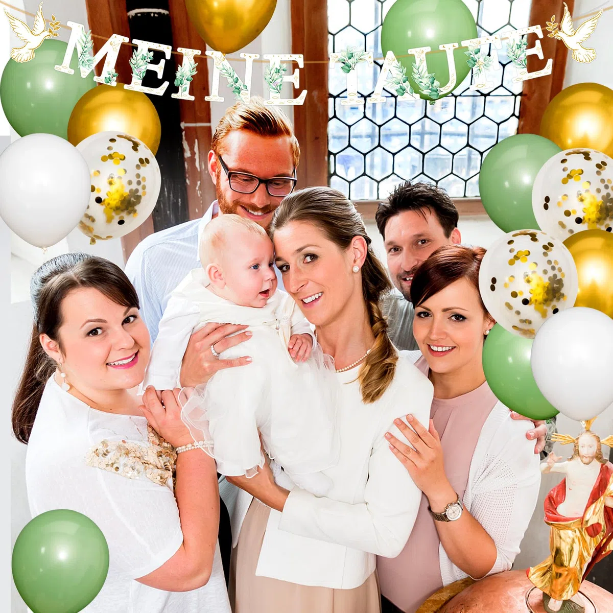 Taufdeko für Jungen & Mädchen –Deko mit Girlande, Ballons & Servietten – Party Dekoration zur Tauffeier, Baby Taufe für Kinder, mit Spruch „Schön, dass du da bist