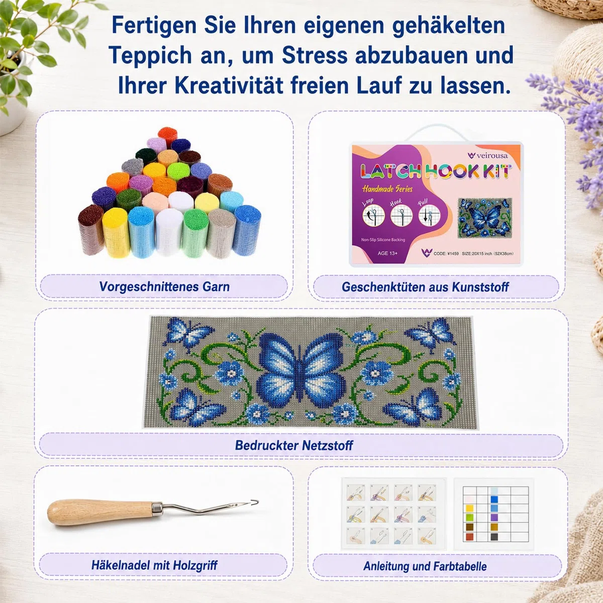 Komergave Knüpfkissen Set 45x45cm, Knüpfkissen mit Schmetterling Motiv, Knüpfteppich zum Selber Knüpfen für Erwachsene, DIY Gehäkelter Kissenbezug für Wohndekoration