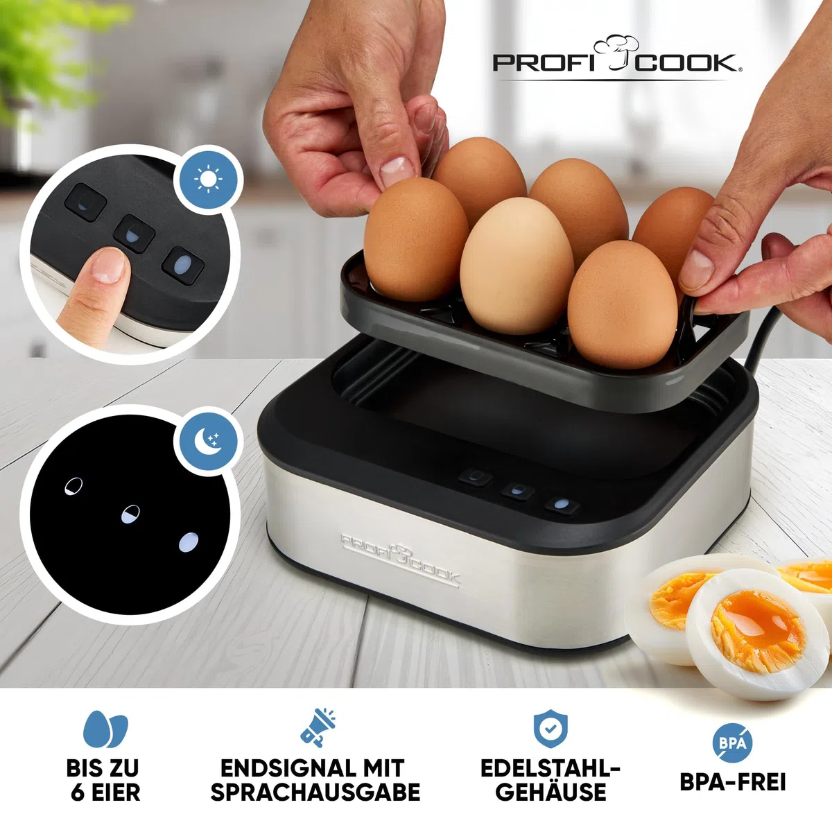 ProfiCook sprechender Eierkocher, kocht alle drei Stufen - weich/mittel/hart, 6 Eier, geeignet Ergebnis, Edelstahl Eierkocher mit Härtegradeinstellung, Egg Cooker, PC-EK 1276