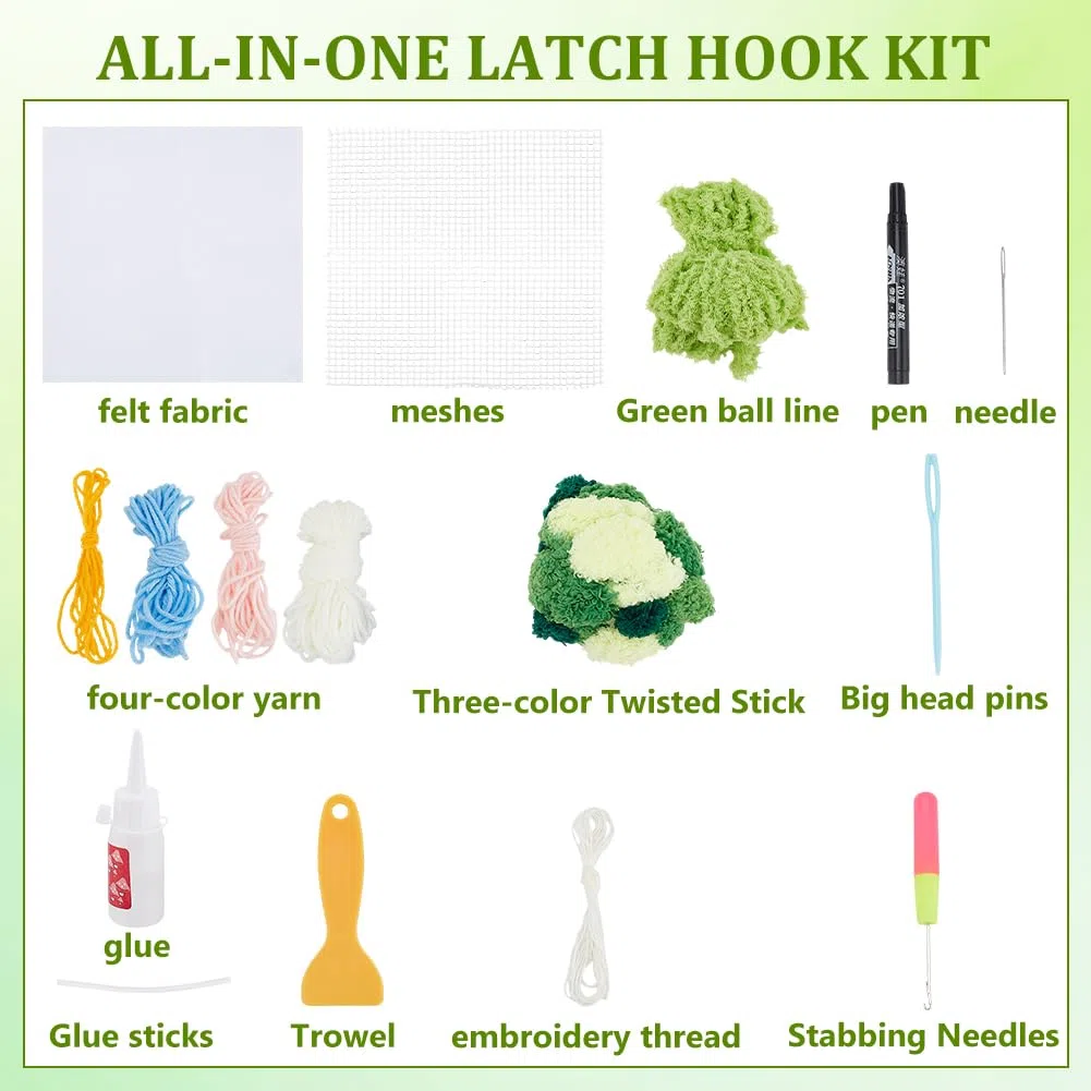 WEBEEDY Latch Hook Untersetzer Set DIY Häkel Und Verschluss Set Mit Häkelnetz Und Anleitung Nadelarbeits Handwerks Latch Tapestry Kit Für Erwachsene Anfänger 17X20cm (Moos)