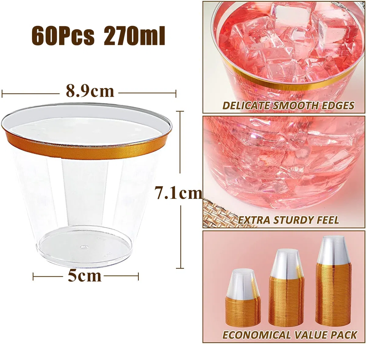 LATERN 60 Stück Plastikbecher mit Goldrand, 270ml Becher aus Kunststoff Wiederverwendbare Trinkbecher Elegante Party Weingläser für Champagner Bier Cocktail Martini Soda Dessert (8,9 x 7,1cm)