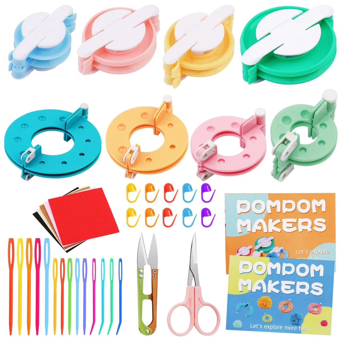 MASPHY Pompom Maker Kit, 8 Größen Pom Pom Maker Kit mit Bedienungsanleitung, Schere, Maschenmarkierer, einfach zu machen Pompoms für Pom Pom Stricken DIY Häkeln Stricken