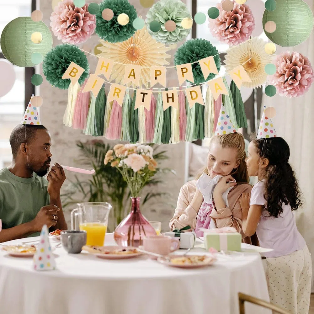 Geburtstagsdeko Salbeigrün Rosa Mädchen Party Deko Geburtstag Grün Rosa Frau Retro Boho Geburtstagsdeko Olivgrün Rosa mit Happy Birthday Banner Beige Gold Salbei Creme Dusty Rose Quaste Girlande