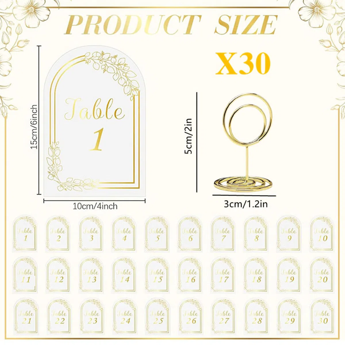 30 Stück Tischnummern Set 1-30, Goldene Tischkarten mit Metallhalter Elegante Tischnummern für Hochzeit, Party & Bankett | Transparent & Gold.