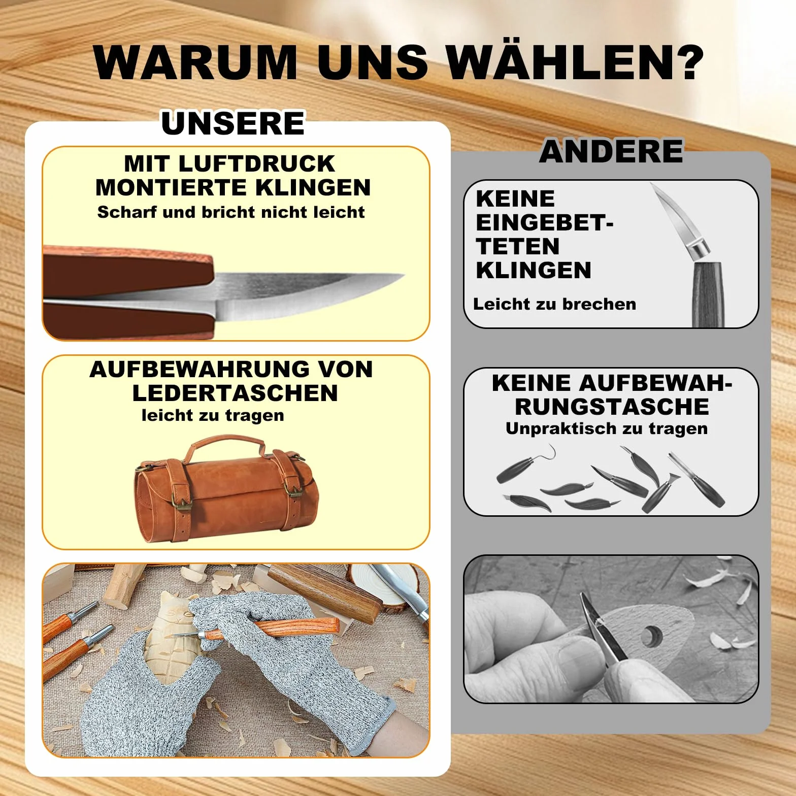 Holzschnitzset, 14-teiliges Holzschnitzwerkzeug mit Aufbewahrungstasche aus Leder, mit 8 Schnitzmessern & 3 Detailschnitzmessern & Wetzstein & Abziehleder für Anfänger und Enthusiasten