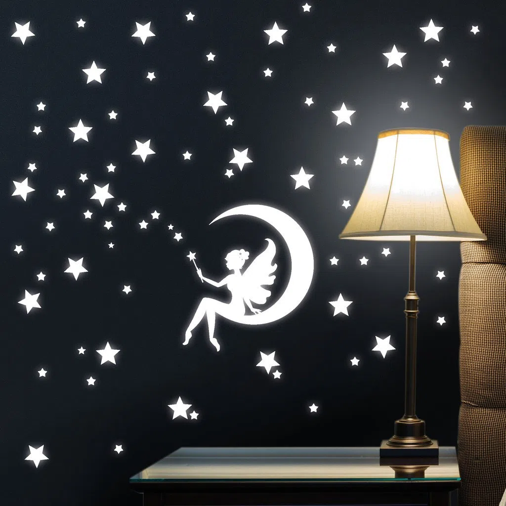 Wandtattoo Loft "Fluoreszierende Zauber Fee auf einem Mond mit Sternen Leuchtaufkleber - Wandtattoo Fluoreszierende leuchtende Sticker für das Kinderzimmer Sternenhimmel