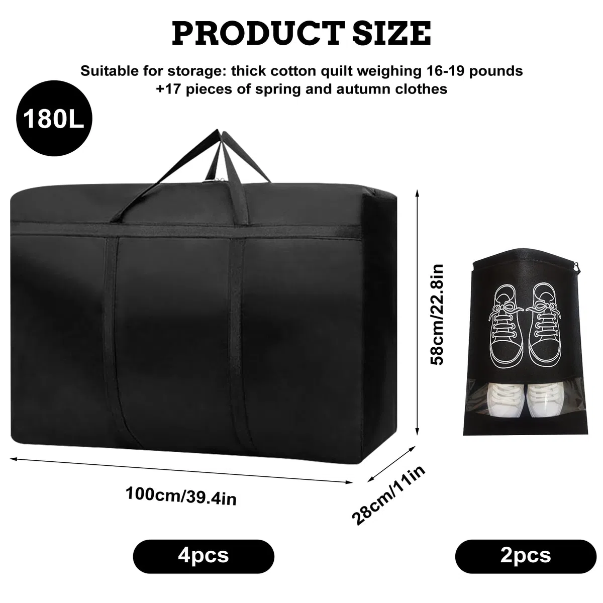 4 Stk 180L Extra Große Aufbewahrungstasche, 600D Oxford Heavy-Duty Umzugstaschen mit Reißverschlüssen Handgriff Reisetasche Faltbar Klamotten Aufbewahrung für Bettdecken Kleidung Bettwäsch-100×58×28CM