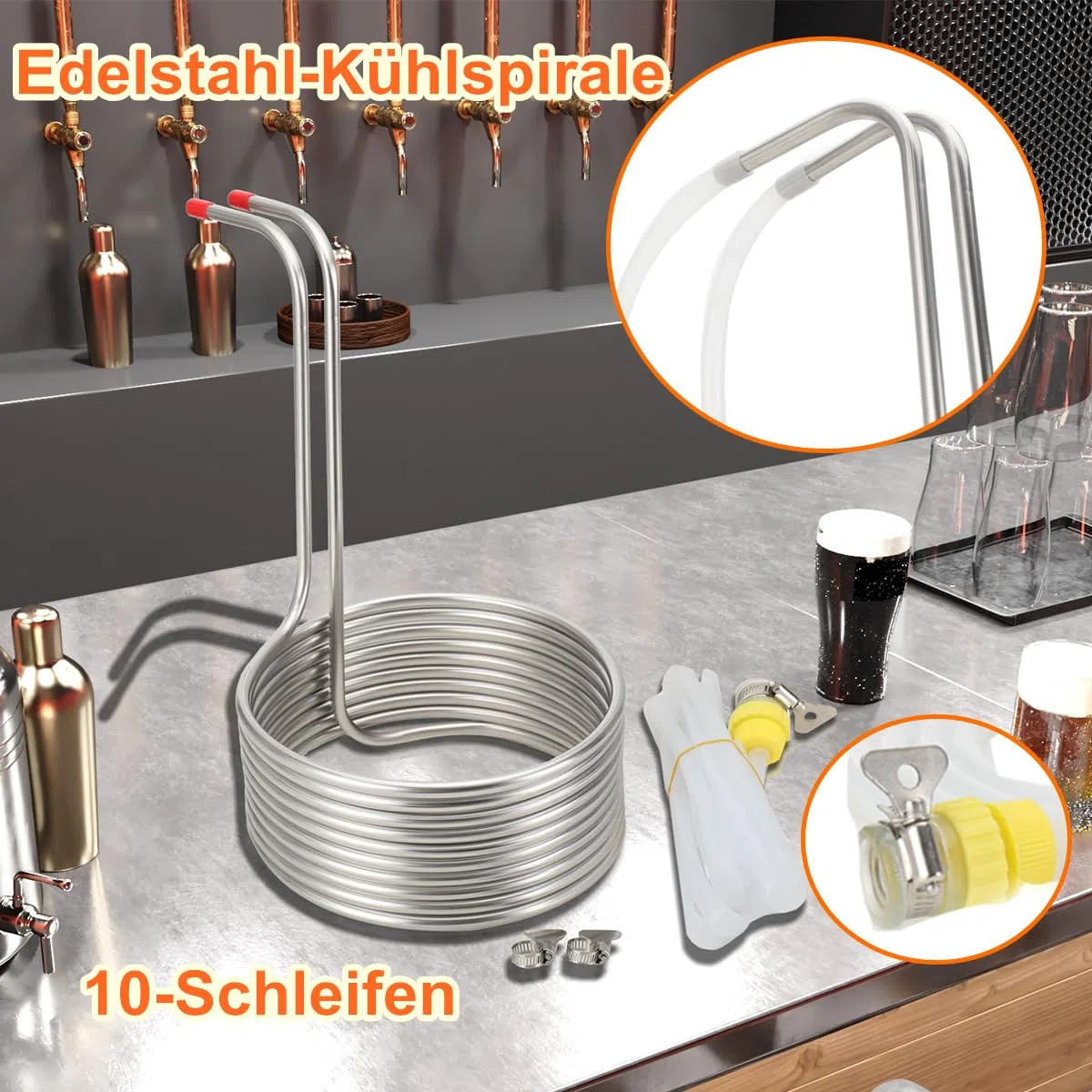 Kühlspirale Eintauchkühler Kühlschlange Maischekühler Kühlspirale Ø 23cm Bier Kühler Kühlrohr Brauerei Bier Kühlschlange Würzekühler Rohr mit 2 * 2m Silikonschläuche, Verbindungsstücke