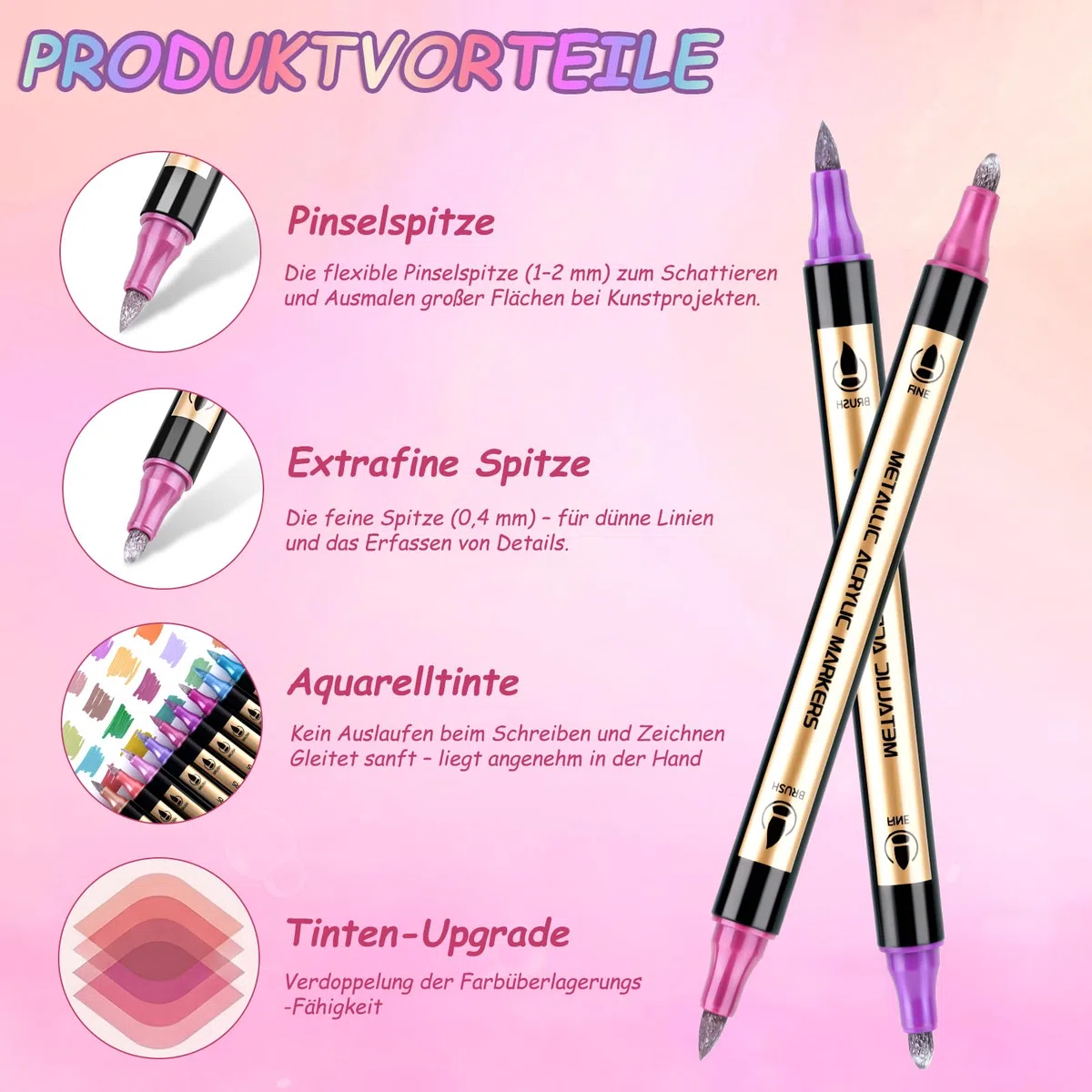 30 Farben Metallic Marker Stifte Set, Dual Tip (Pinsel & Fein) Metallic Acrylstifte für Stoff, Holz, Glas, Glitzerstifte für Gästebuch, Fotoalbum, Scrapbook Zubehör Kunstset
