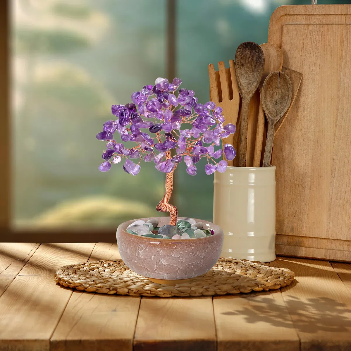 Amethyst Kristallbaum des Lebens - Handgemachter Rosenquarz Edelstein-Dekobaum für Raumdekoration, Beruhigendes Zen-Geschenk für Frauen