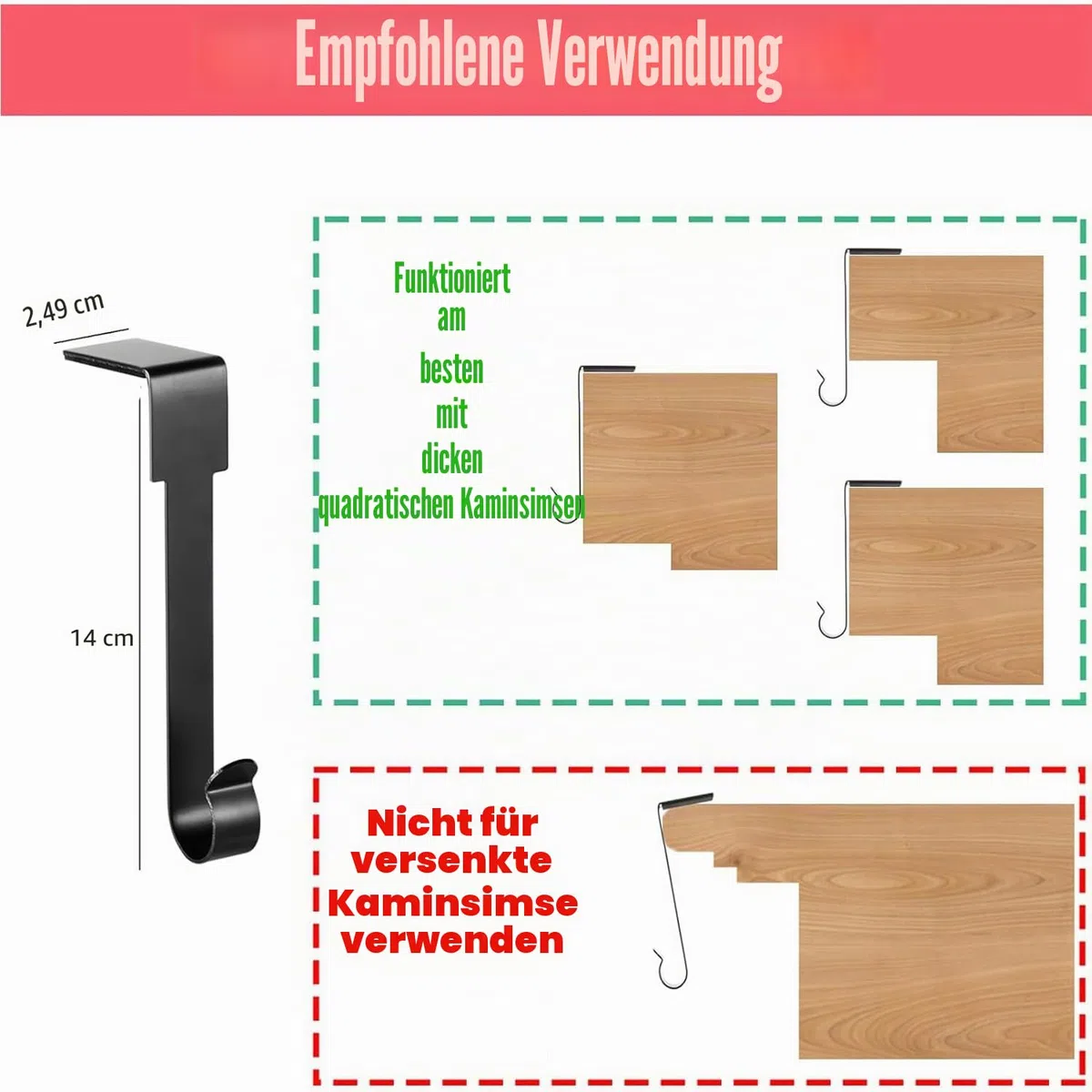 Weihnachtsstrumpfhalter, Metall-Kaminhaken, Aufhänger, rutschfeste Weihnachtsstrumpf-Haken für Kamin, Kaminsims, Weihnachtsfeier, Dekoration (6 Stück, schwarz)