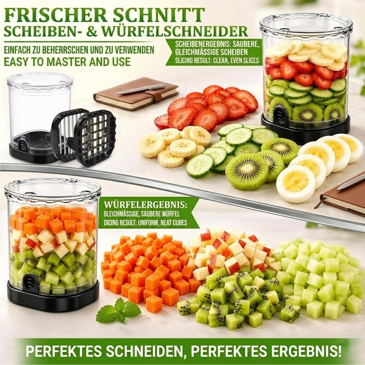2in1 Obstschneider Becher Edelstahl zum Scheiben und Würfeln，Schwarz | Fruit Slicer Cup, Erdbeerschneider mit Druckplatte, Abnehmbarer Obstschneidebecher für Zwiebel und Eier