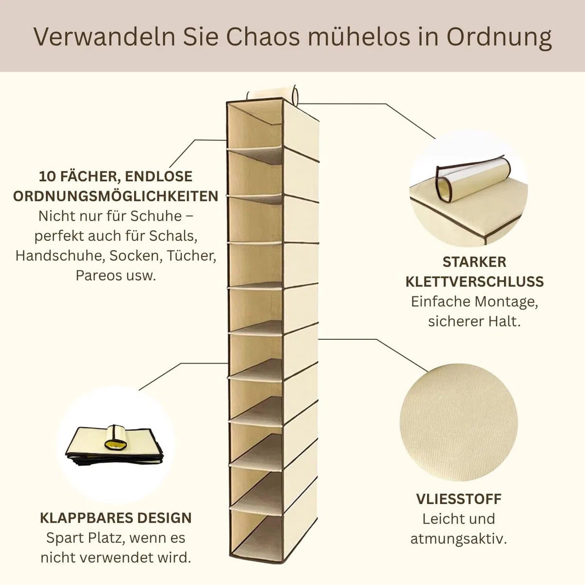 Stoff Schuhregal zum Aufhängen im Schrank Hängeregal zum Organisieren von Schuhen mit 10 Regalen. Stoffschrank zum Aufbewahren von Schuhbeuteln. Schuhregal 15x30x120cm