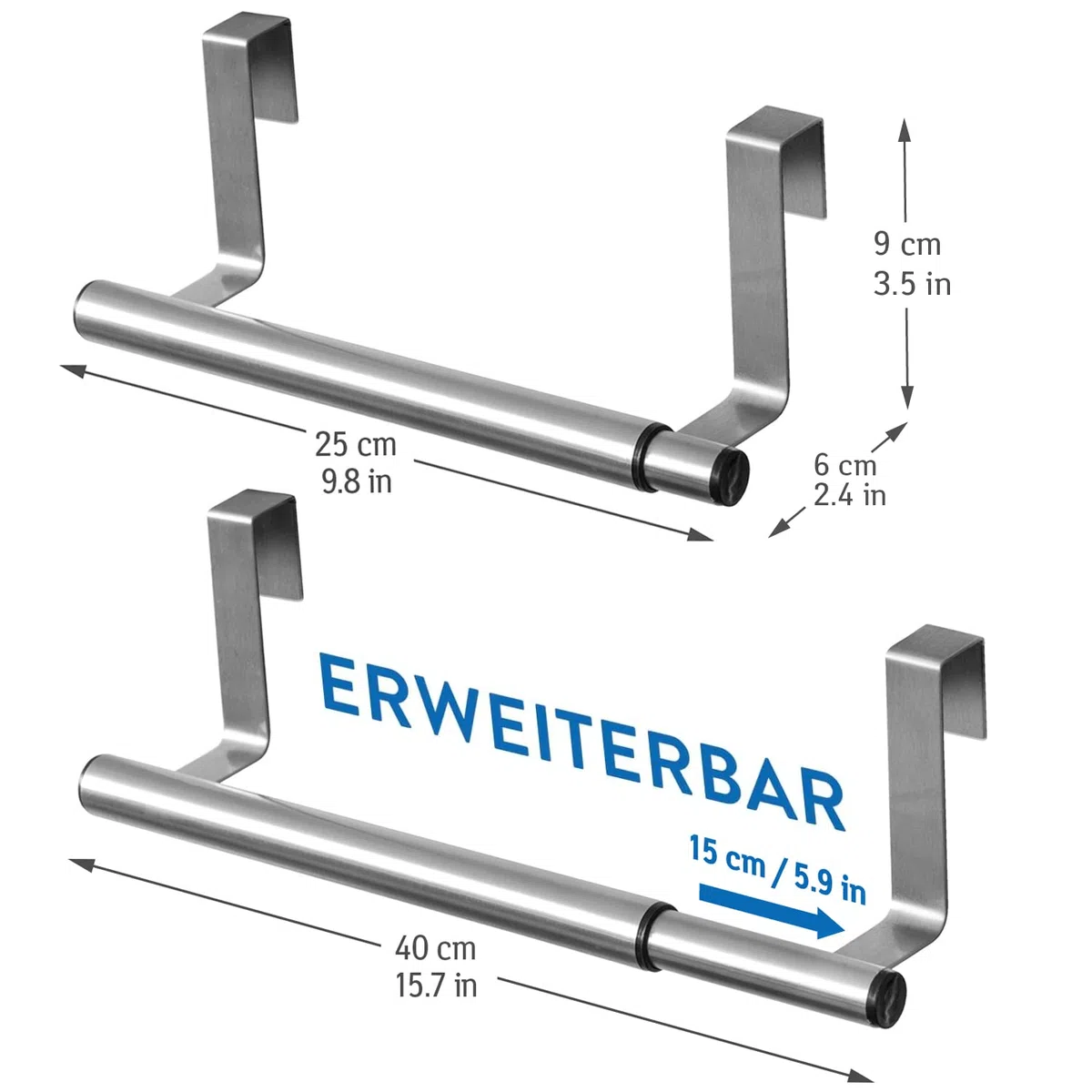 Tatkraft Spread | Türhandtuchhalter, Handtuchstange Teleskop | Gebürsteter Edelstahl | Solide, Ausziehbar, Zum Einhängen | 25-40 x 8 x 9 cm