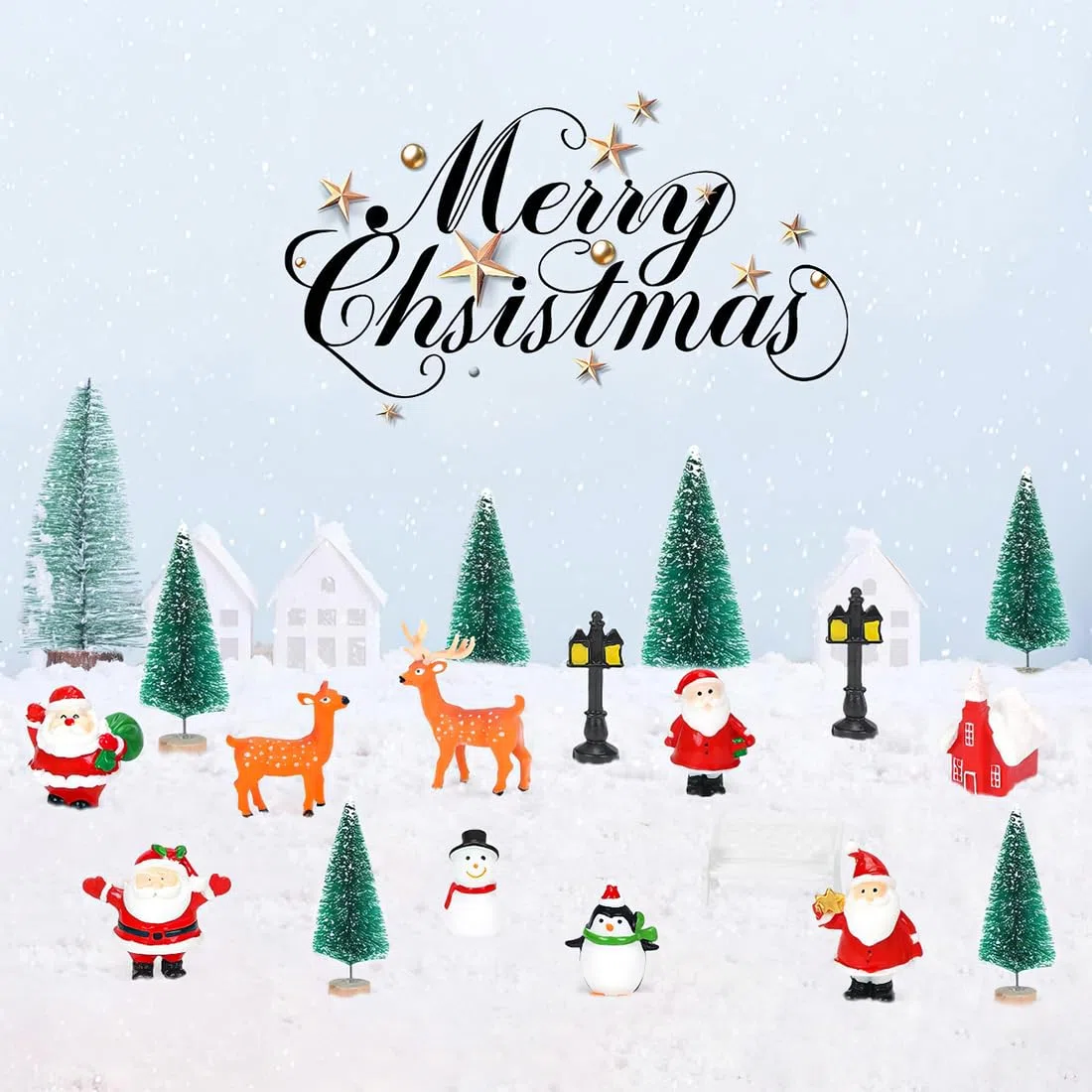 Bluelves 24 Stück Weihnachtliche Miniatur Ornamente und Figuren, Tischdeko mit Weihnachtsmann, Schneemann, Elch und Schneekugel
