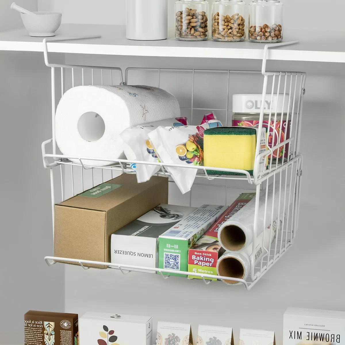 QIWODE Unterregal Aufbewahrungskorb, Stapelbar Hängender Aufbewahrungskorb, Home Office Hängender Organizer für Küche, Speisekammer, Schrank, Bücherregal, Schreibtisch, weiß 2 Stück