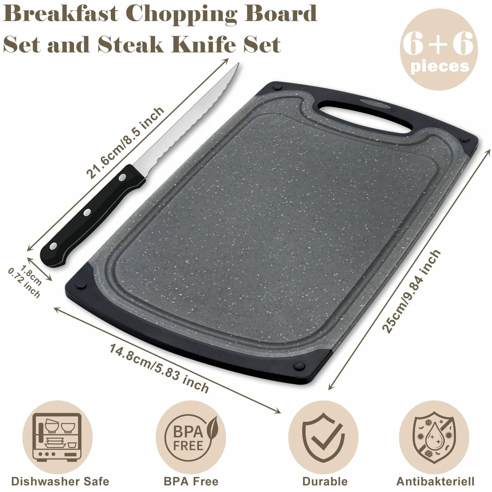 Frühstücksbrettchen 6er Set mit 6er Steakmessern, 25x15cm Kleines Dunkelgrau Frühstücksbrettchen Kunststoff Set, BPA frei, Antibakteriell, Rutschfest mit Saftrille, Spülmaschinenfestes