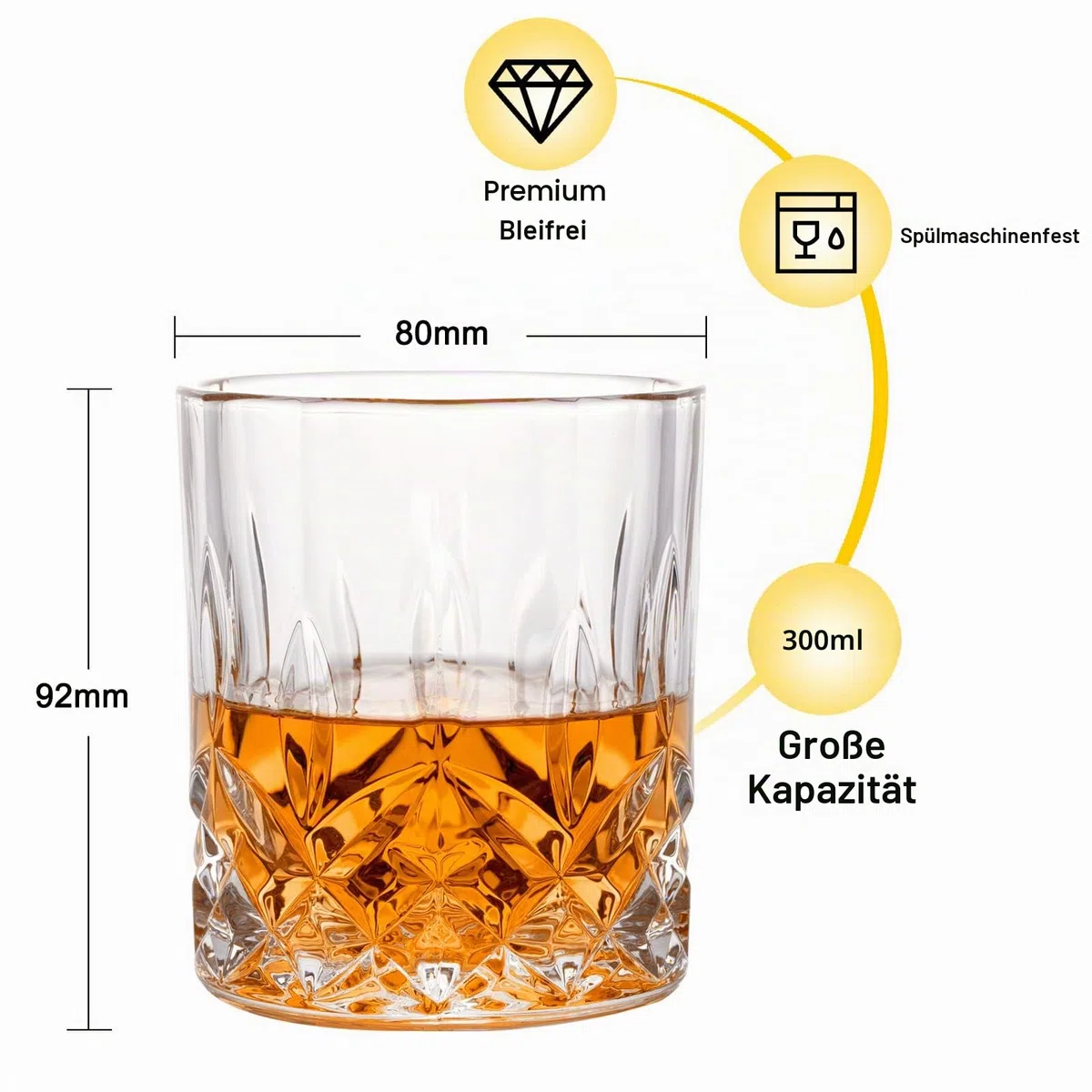 Whisky Gläser, 4er Set (2 Kristallgläser, 2 große Eiskugelformen) in Geschenkbox – 300 ml Whiskey für Scotch, Cocktail, Rum, Bourbon, Cognac, Wodka und Likör – Einzigartige Geschenke für Männer