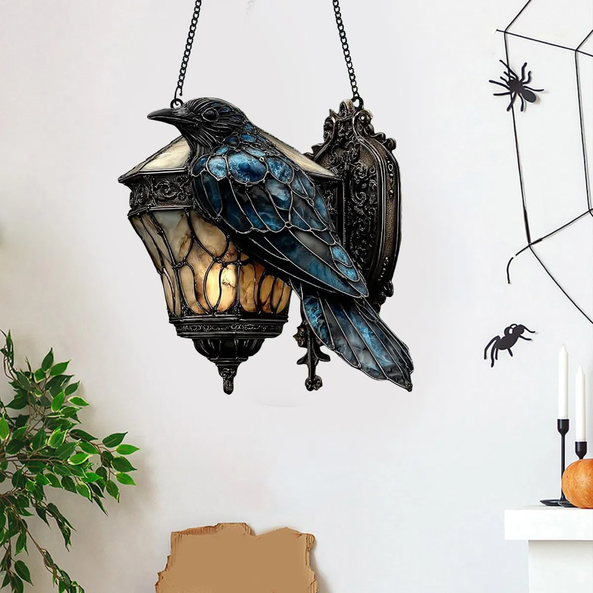 Rabe auf Laterne, Sun Catcher Rabe Gothic auf Laterne, Dekoration, 2D, Acryl, Sonnenschutz, Fake Buntglasfenster, zum Aufhängen, für Halloween, als Party-Dekoration, Dark Academia zu Hause