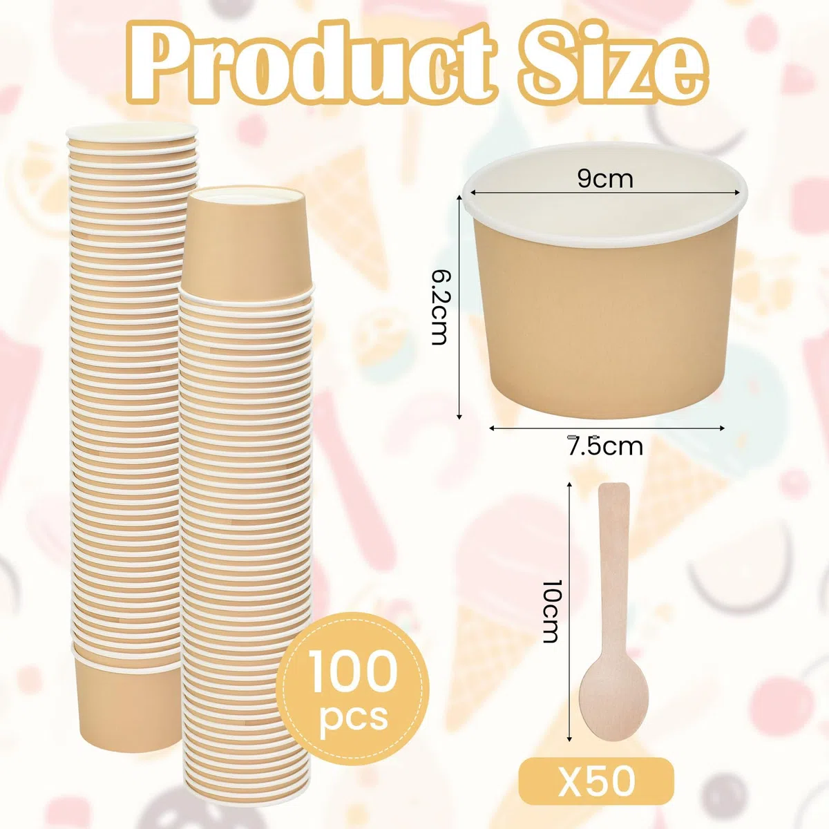 Kleemeiero Eisbecher Pappe 100 Stück Candybar EIS Becher to go pappbecher 240ml Einweg Papier Dessertbecher Holzlöffel Candy bar Becher Papierbecher Eisbecher aus Papier für Gefrorenen Joghurt Suppe