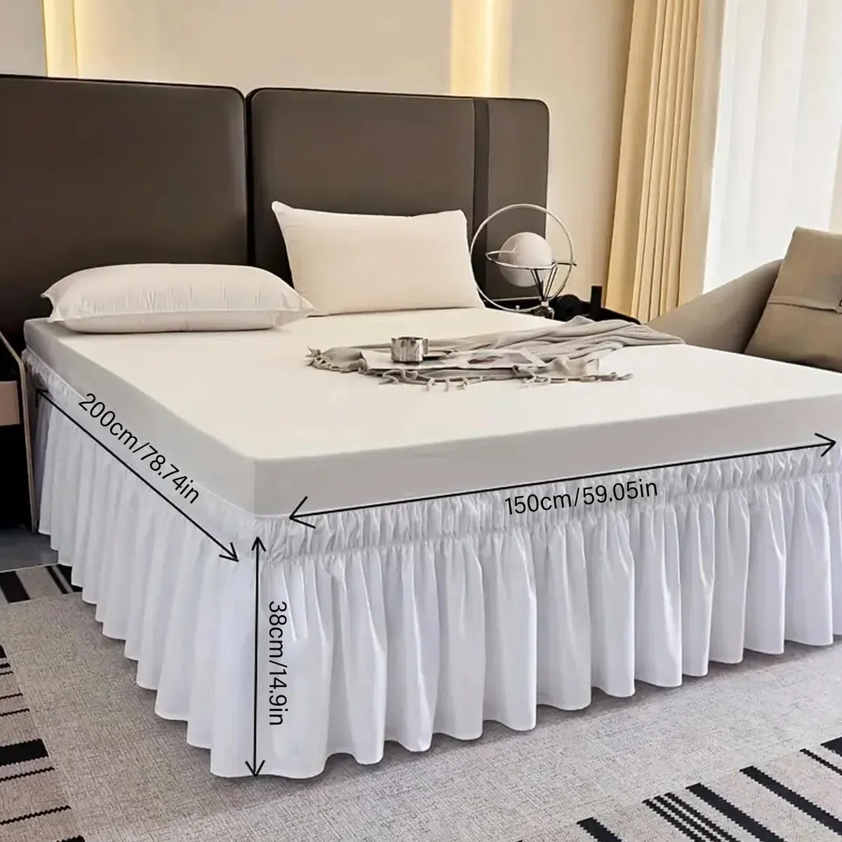 Gefalteter ​Bettrock, 150x200x38cm Bettrock zum Umwickeln, Elastische Bett Wrap Ruffled, Ruffled Solid Bed Rock Bettvolant Lichtbeständig Bettumrandung für Schlafzimmer Hotel Bett(Queen, Weiß)