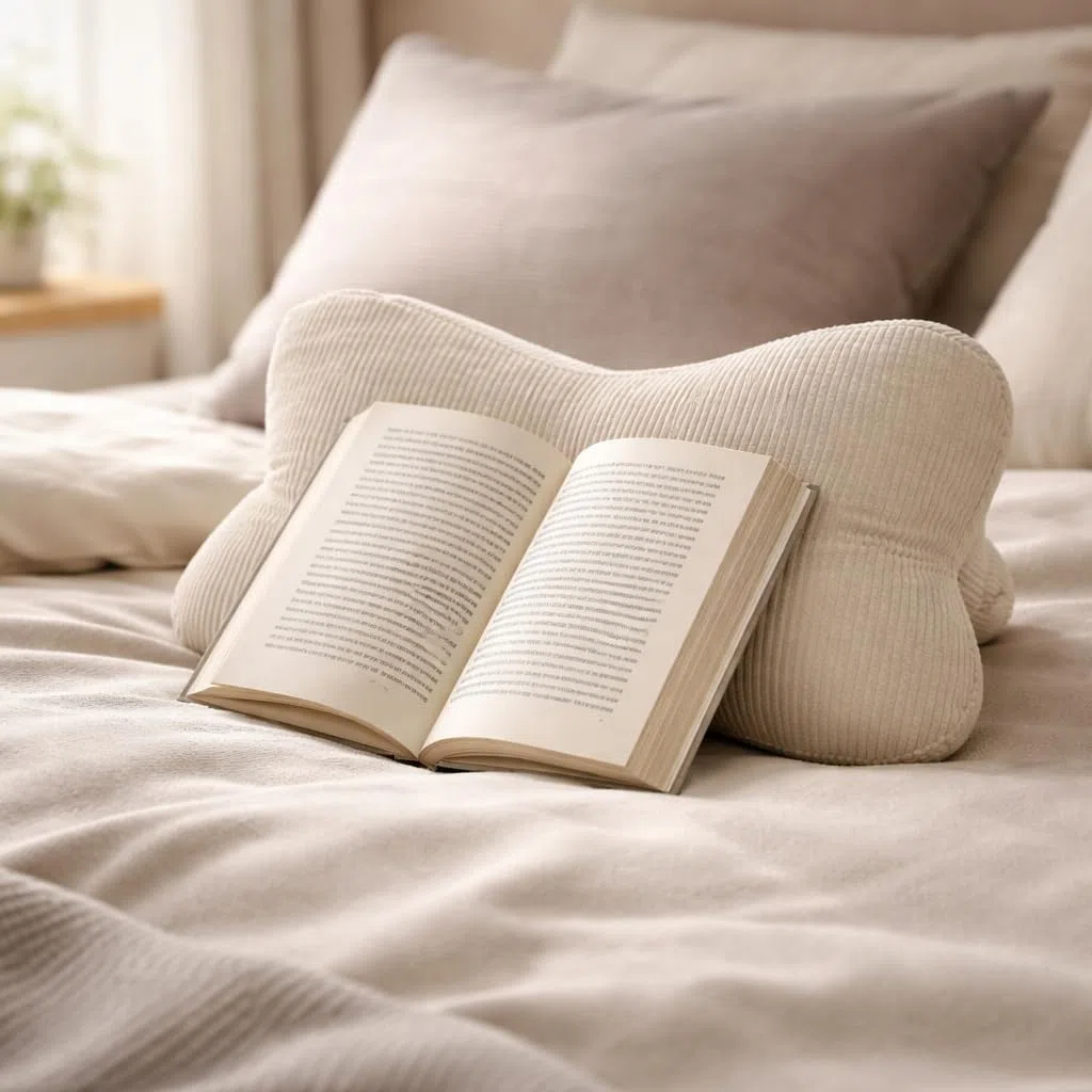 Leseknochen, Lesekissen, Nackenrolle Nackenkissen aus Cord,Stützkissen, Reisekissen mit Struktur,Formkissen,Buchauflage, Flexible Stütze für Bücher, E-Books oder Tablets-18x35cm (Offwhite Cord)