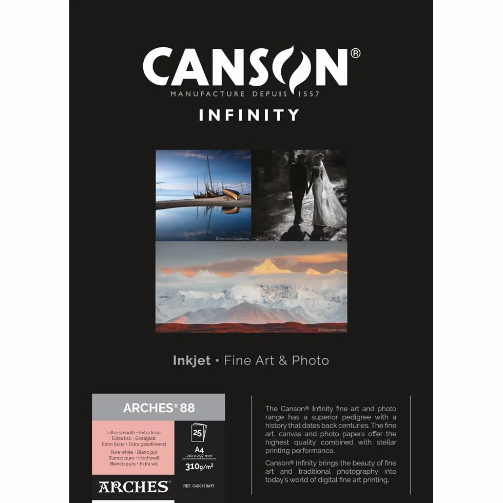 Canson Infinity Arches 88, 100% satiniert, 310 g, A4, 25 Stück, naturweiß