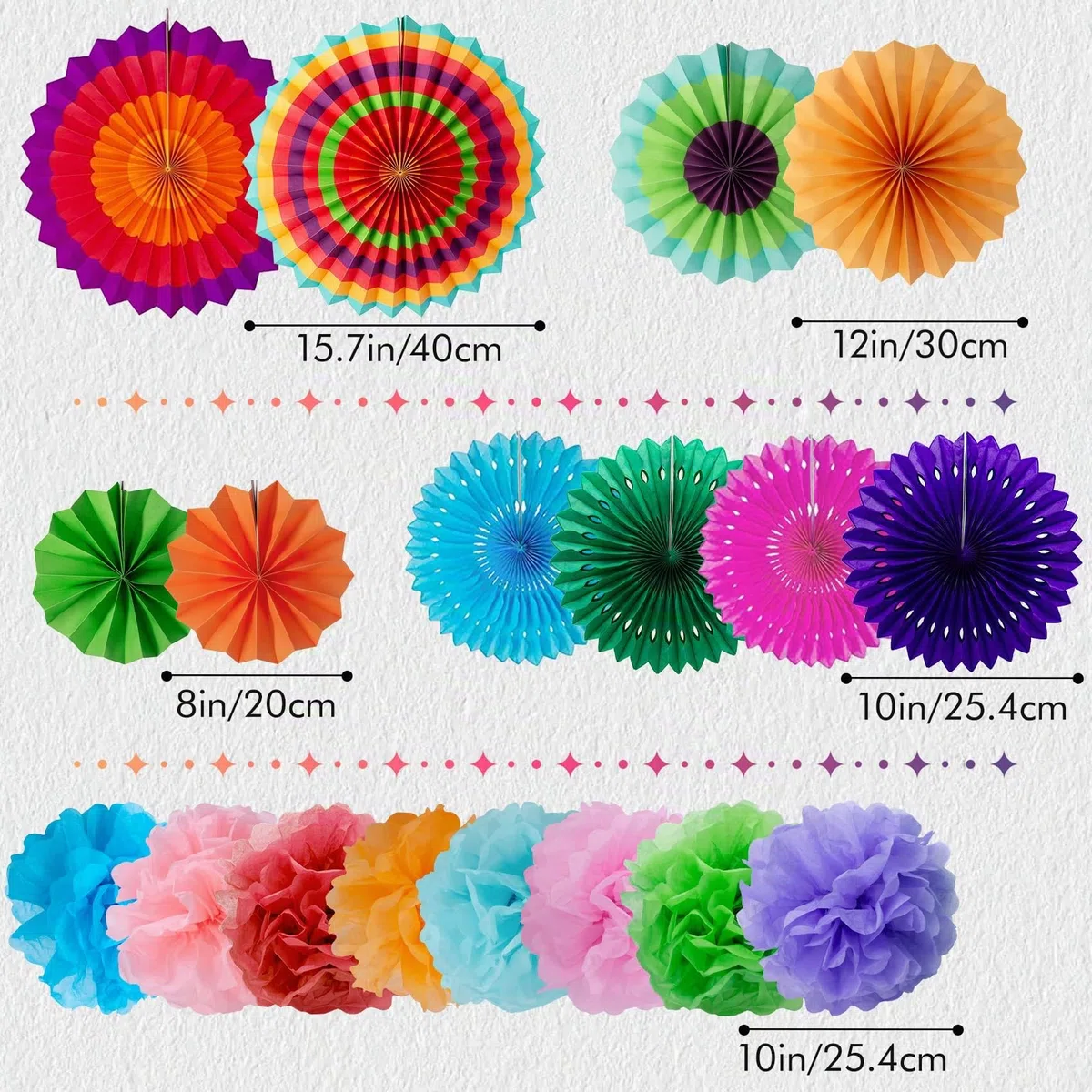 Huryfox Bunte Party Deko für Gartenpartys, Geburtstage und Karneval - 33 Stück mit hängenden Papier Lüfter, Regenbogen Pompons, Tissue Bänder und Wimpelketten Girlande für Feste, Hochzeiten & mehr