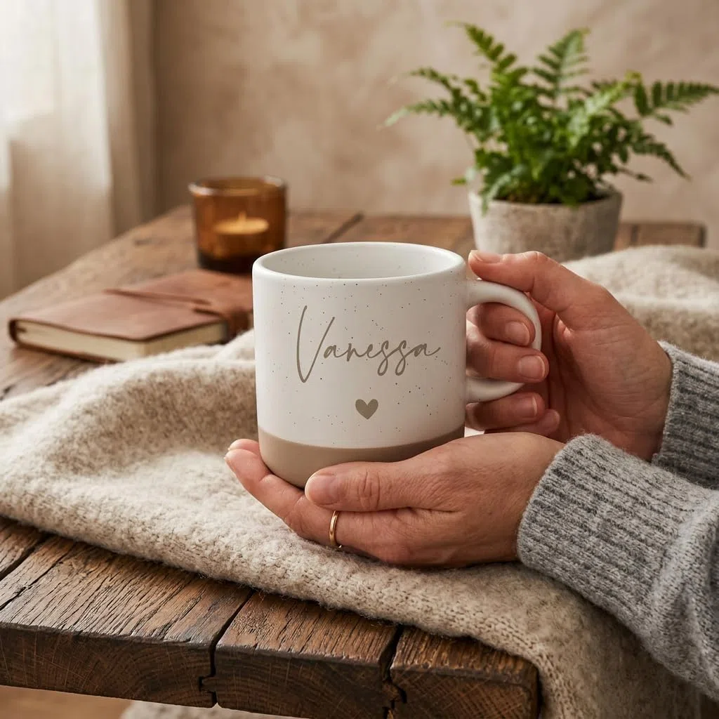 Personalisierte Keramiktasse mit Namen & Herz Design – Speckled Tasse Weiß Beige mit Namensgravur – Individuelle Kaffeetasse Geschenk für Frauen, Mama, Freundin – Geburtstag, Weihnachten, Muttertag