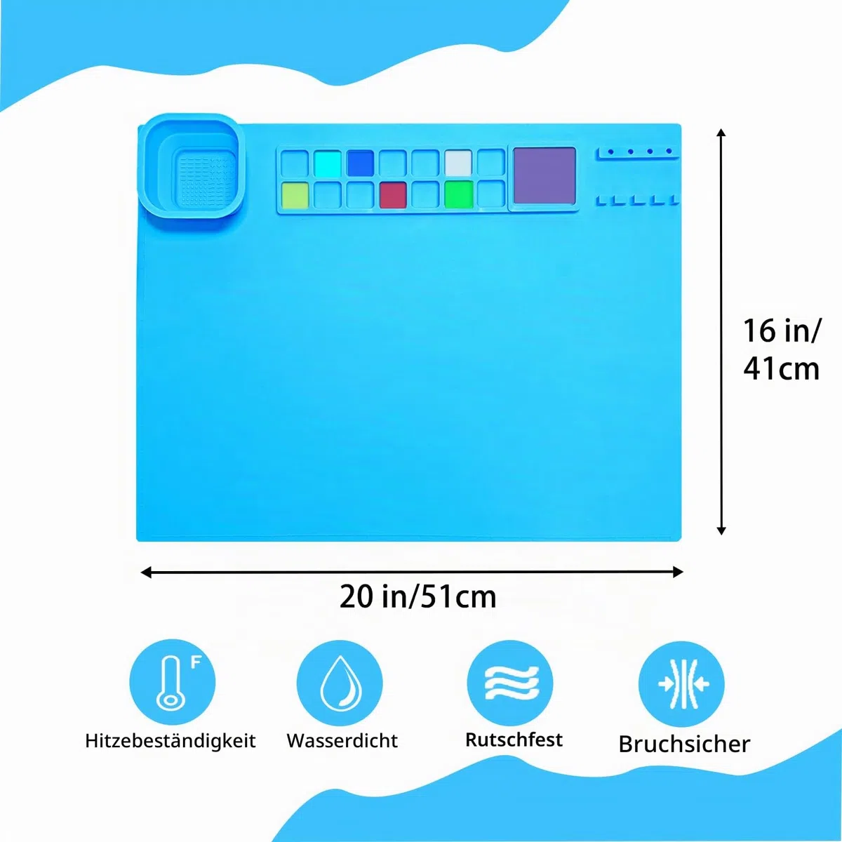 Silikon Malmatte, Unterlage Bastelmatte Silikon Zusammenklappbar, Antihafte rutschfeste Tischmatte für Crafting Aquarell Malerei Schneiden Kunst Schöpfung Ton und DIY-Projekte (Blau)
