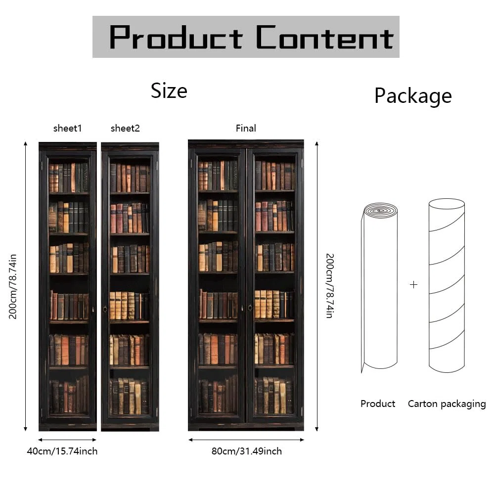 arricraft 2 Stück Selbstklebender Türaufkleber 80cm X 200cm /31.5"X78.7" Bücherregal Muster Tür Wandbilder Aufkleber PVC Tür Abnehmbare Tapete Dekoration Für Schlafzimmer Wohnzimmer