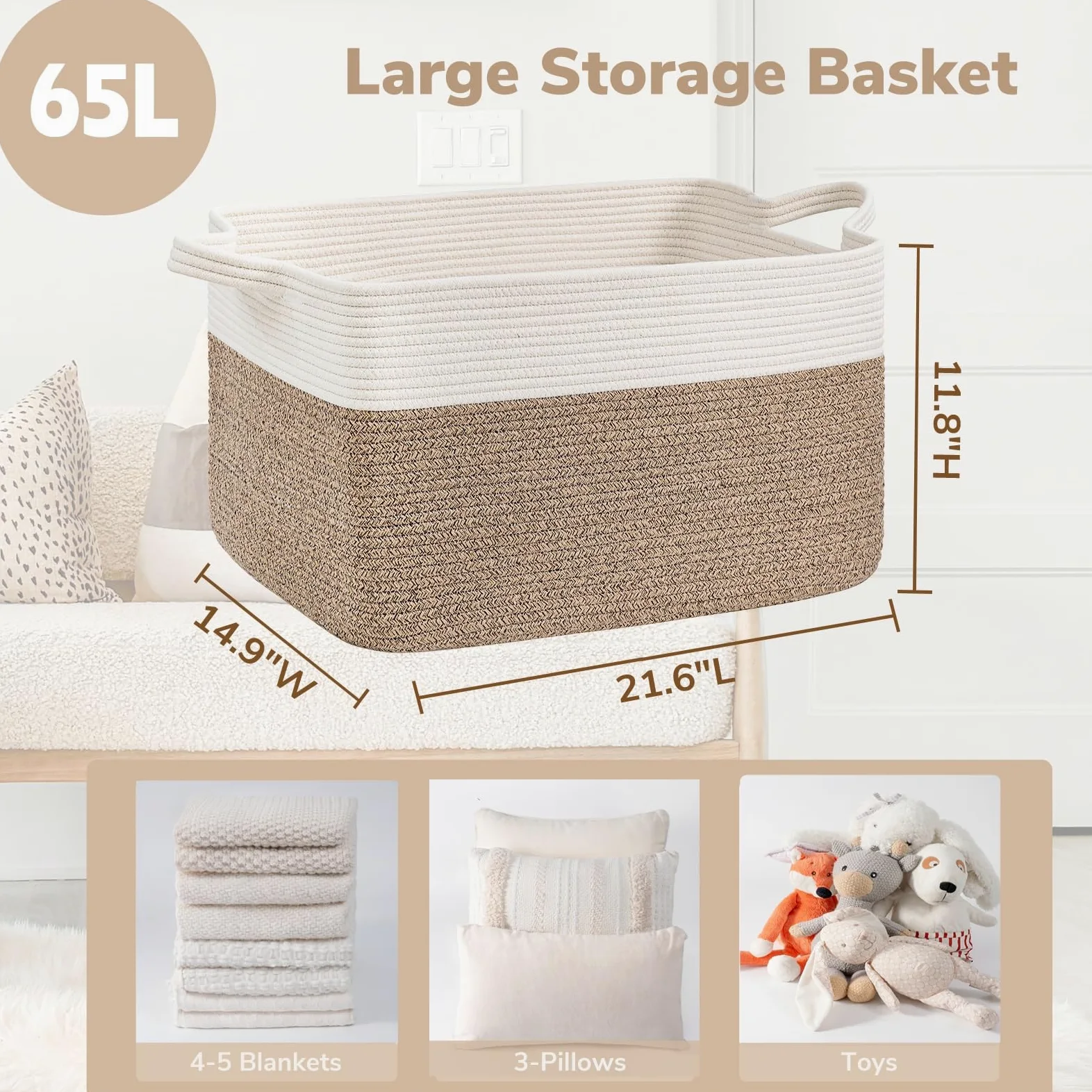 TIMEYARD 65L Faltbarer Wäschekorb, Aufbewahrungskorb für Baby Spielzeug, Square Laundry Baskets, Korb Aufbewahrung für Decken, kissen, Gästehandtuchkorb, Weiß und Braun