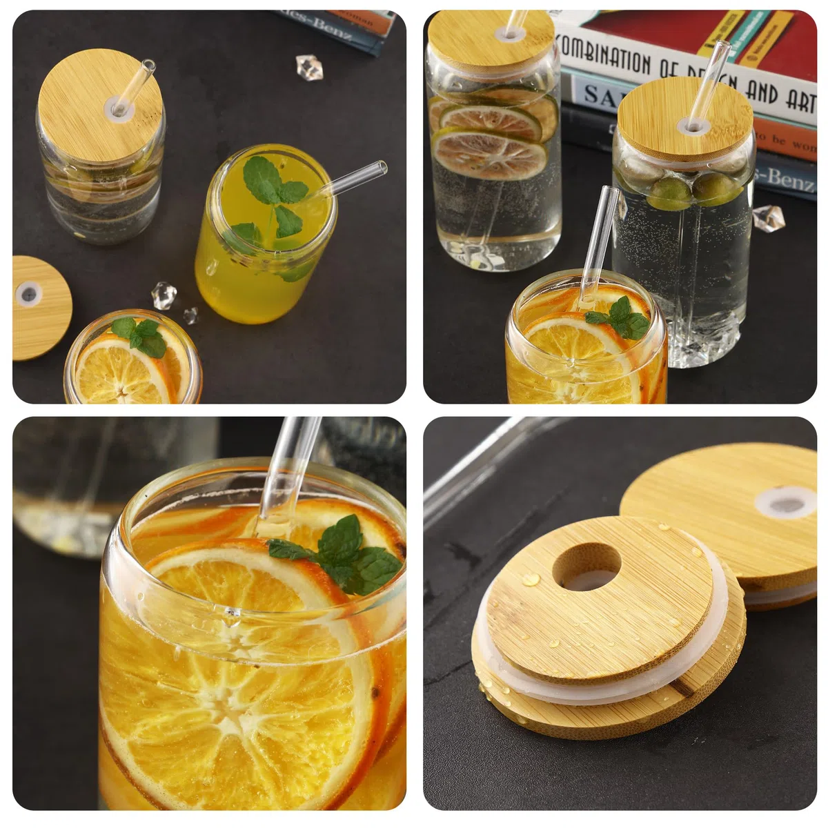 HAOYULUO 4er Set Glas mit Deckel und Strohhalm, 500 ml Trinkgläser mit deckel, Dosenförmige Glasbecher, Geeignet für Eiskaffeetassen, Limonaden, Smoothies, Bier, Cocktails (500ML, 4, stück)