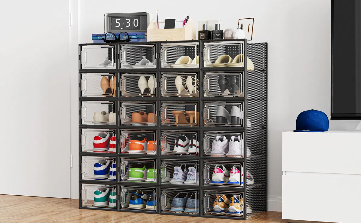HOMIDEC Schuhboxen, 12er Pack Schuhboxen Stapelbar Transparent, Schuhorganizer Schuhaufbewahrung, Schuhkarton mit Deckel für Schuhe bis Größe 45, Schwarz