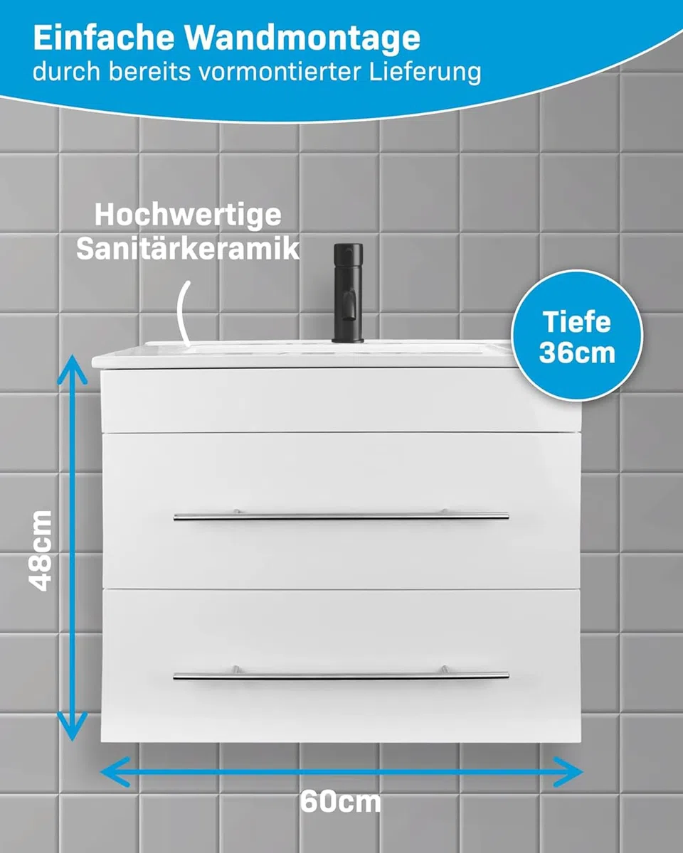 Alpenberger Waschbecken Badezimmer Waschtisch mit Unterschrank 60 cm Breit Hängend | Gäste WC Waschbecken mit Unterschrank Bad Möbel Modern Set | Kleiner Waschbeckenunterschrank Weiß