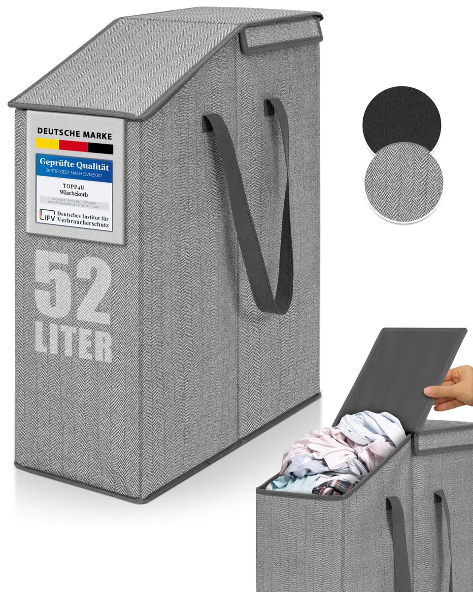 TOPP4u schmaler Wäschekorb mit Deckel - 52 L - 20x45x60 cm faltbarer Nischen-Wäschesammler - Platzsparende Wäscheaufbewahrung Wäschesortierer schmal, hoch - Großer Wäsche-Organizer tragbar mit Griffen