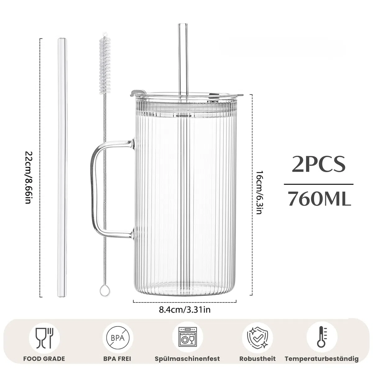 INSETLAN 760ml Große Gerippte Glasbecher mit Henkel und Deckel – 2er Set, Klare Glasbecher mit Wiederverwendbaren Strohhalmen, Vertikale Streifen-Design – Perfekt für Eiskaffee, Tee, Smoothies
