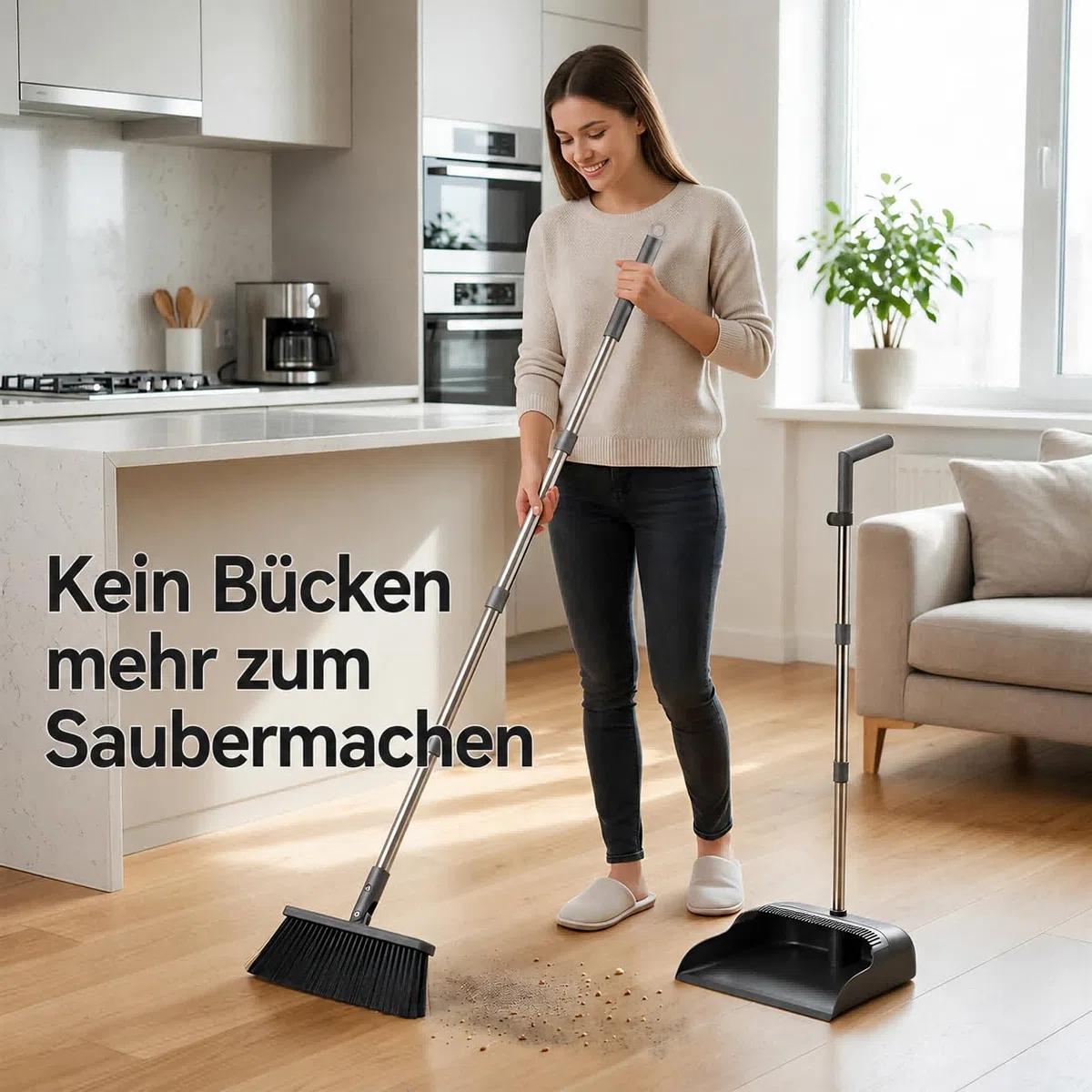 CTIME Besen und Kehrschaufel Set, 132cm Verstellbarer Langer Stiel mit, 180 Grad Drehbar Kehrmaschine und Kehrschaufel Combo Für Büro, Küche, Flur, Boden, Garten und Mehr