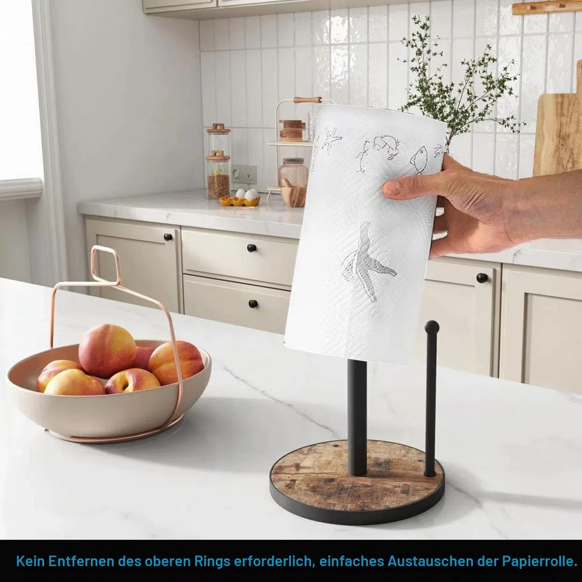 OROPY Küchenrollenhalter Stehend mit Schwerer Holzbasis, Landhausstil Papierrollenhalter für Küchentheke, Geeignet für Standard und Jumbo Größe Küchenrollen (Braun - Leicht Abzureißen)
