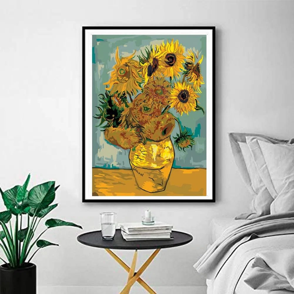 DonElton Malen nach Zahlen für Erwachsene, inspiriert von Vincent van Gogh – 40 x 50 cm Malsets mit Pinseln, Acrylfarben und Leinen-Leinwand, ohne Rahmen – Kreatives Geschenk (Sonnenblumen)