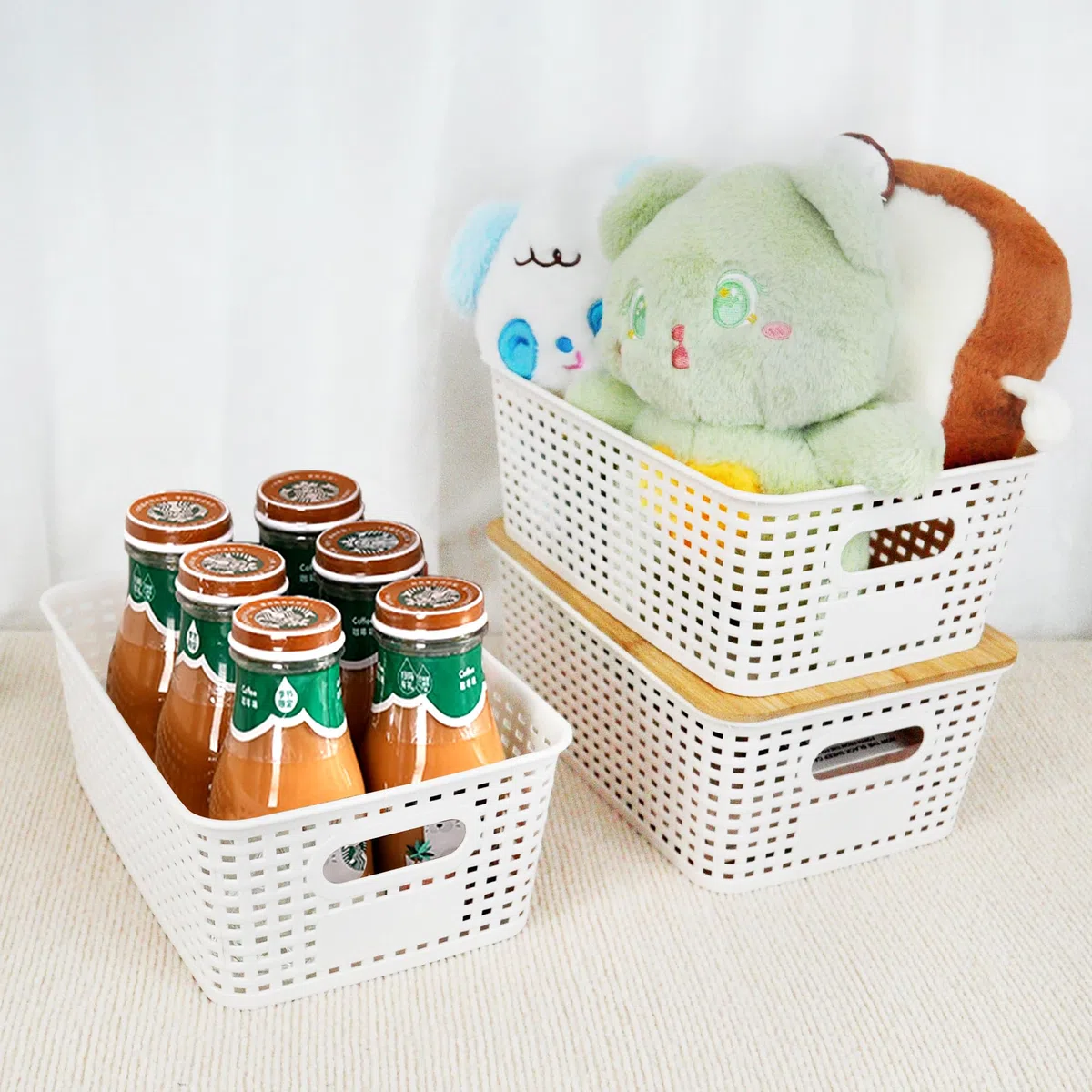 LYLIDIA 3 Stücke Aufbewahrungsbox mit Bambus Deckel Bad 5L Korb Plastikbox Weiß 25x18x10cm Lidded Stapelboxen Badezimmer Küche Aufbewahrungsboxen Rattan Organizer Box for Regal Schränke Kabinett