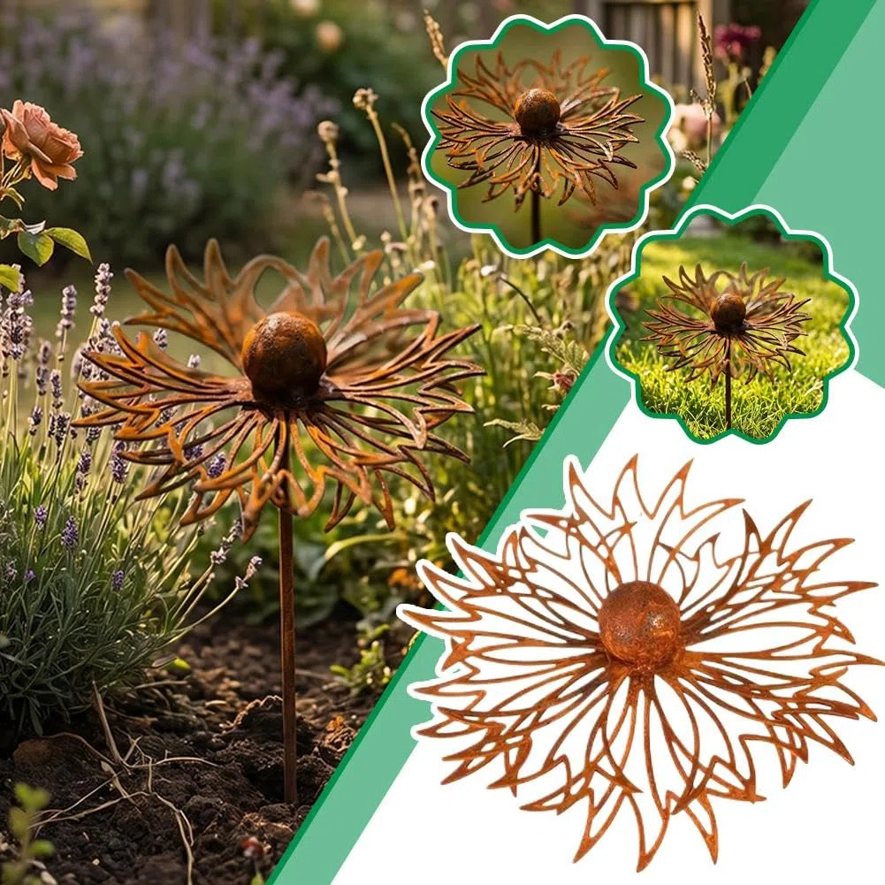 Rostige Metall-Gartenstecker mit Wildblumen, 15 x 60 cm, Vintage-Stil, rostfreies Eisen, Kornblumen-Hofkunst, wetterfeste Steckdekoration für Rasen, Blumenbeet, Terrasse, Pflanzgefäß (1 Stück)
