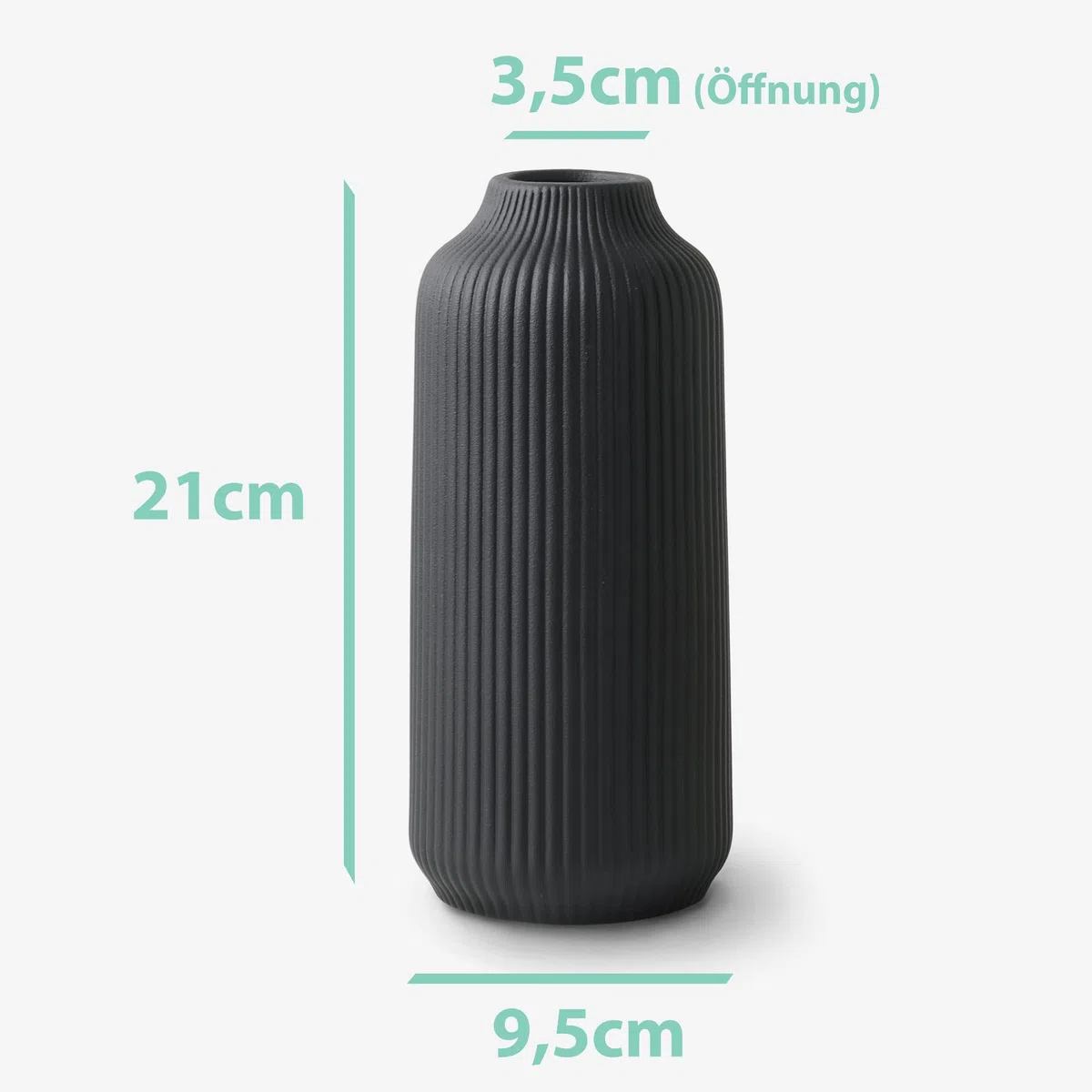 flature Keramik Vase mit Rillen - für Pampasgras als Boho Deko, kleine Vase Schwarz Matt 21cm hoch für Flowers, Wohnungsdeko für frische Blumen, Trockenblumen, Esstisch, Büro (Gr.M)