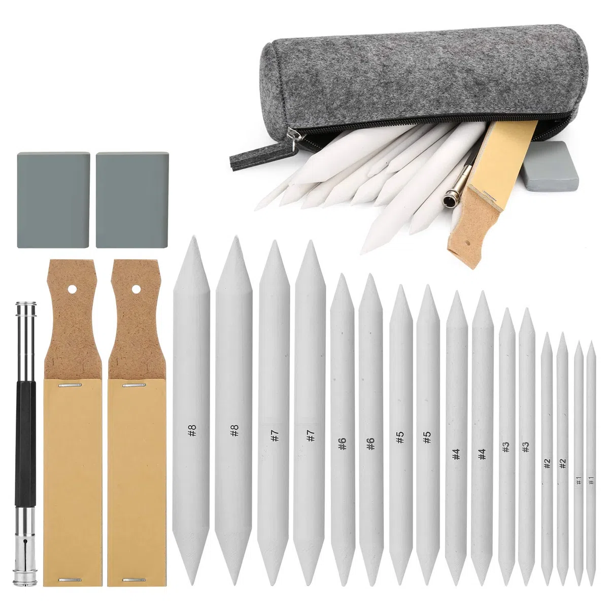AGPTEK 22 pcs Mischen Papierwischer Set, 16 Blending Stumps Set/Tortillionen Set/Estompen Set mit 2 Schleifpapier-Schärfpads, 1 Stift-Verlängerungswerkzeug, 2 Knetgummi Radiergummis & 1 Filztasche