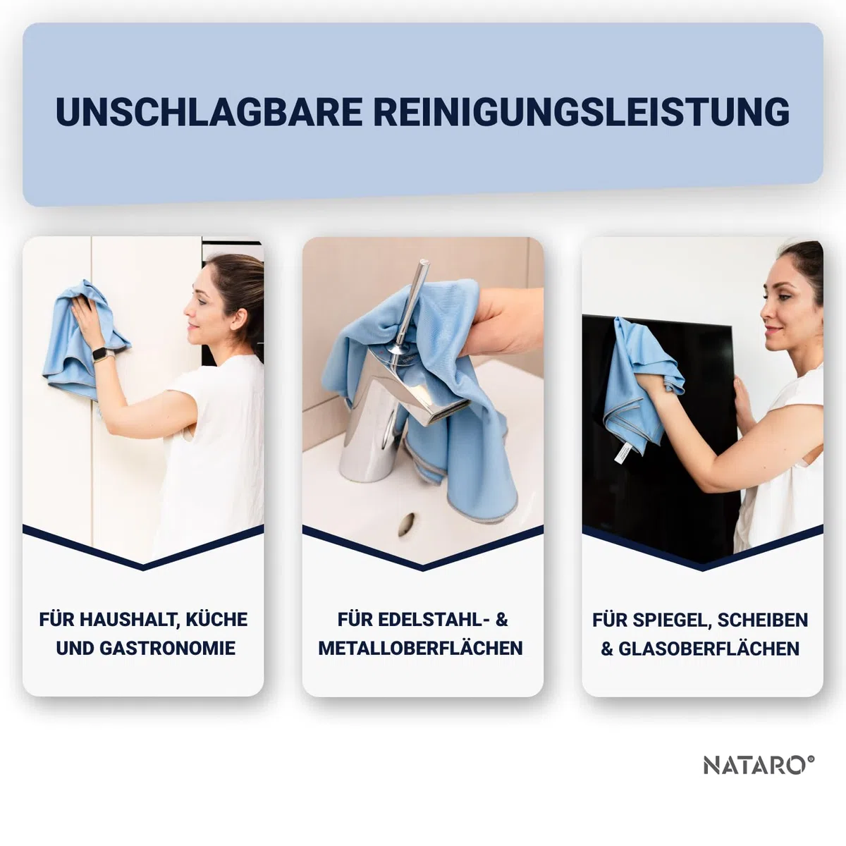 NATARO® 3 Stück Glanzzauber Microfaser Glaspoliertuch – Spiegeltuch – Made in Austria – 100% fusselfreies Poliertuch für Glas, Hochglanzoberflächen, streifenfrei, Mikrofaser, ca.48x68cm